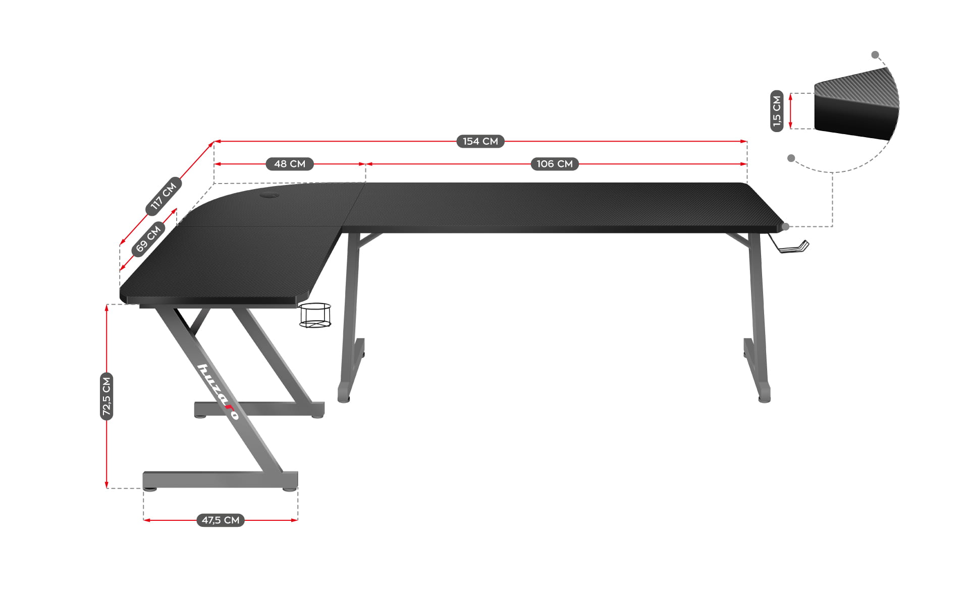 Herní stůl Huzaro Hero 7.0 šedý 154 cm 