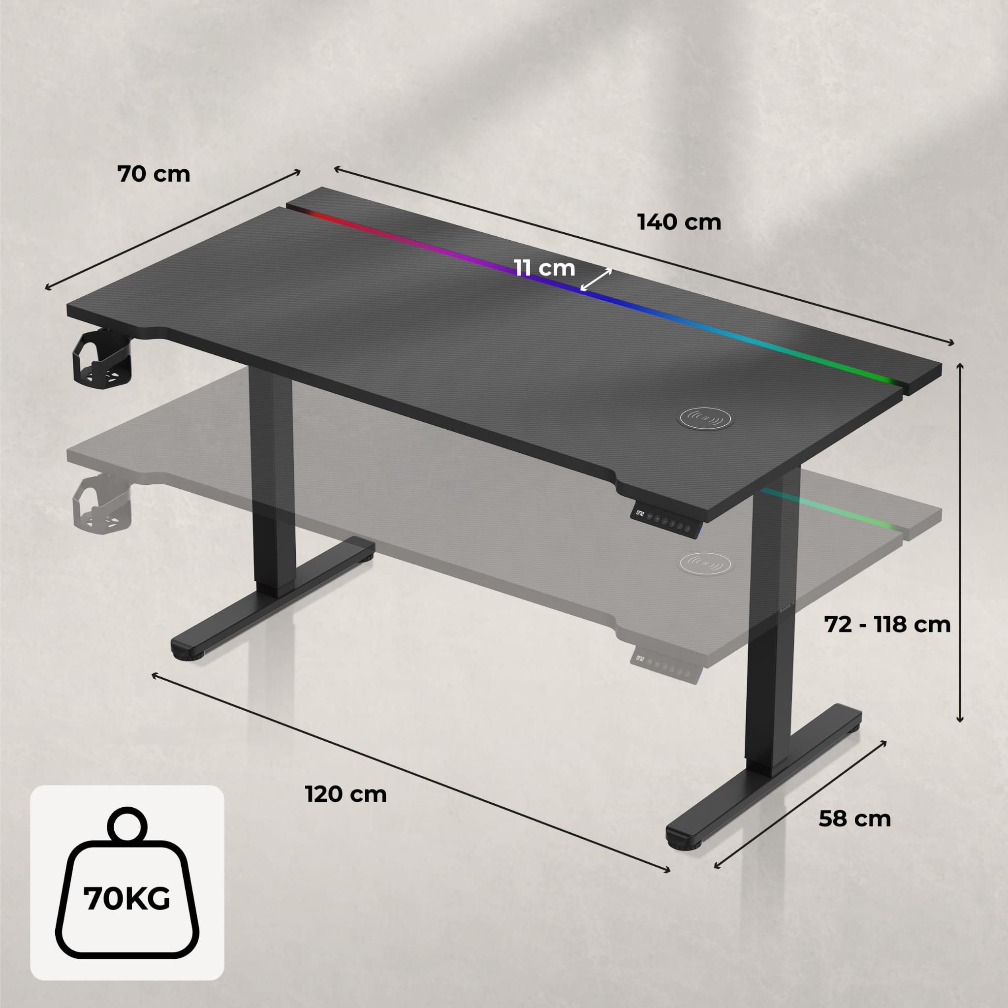 Elektrický stůl Huzaro Hero 8.7 RGB LED 140 cm 