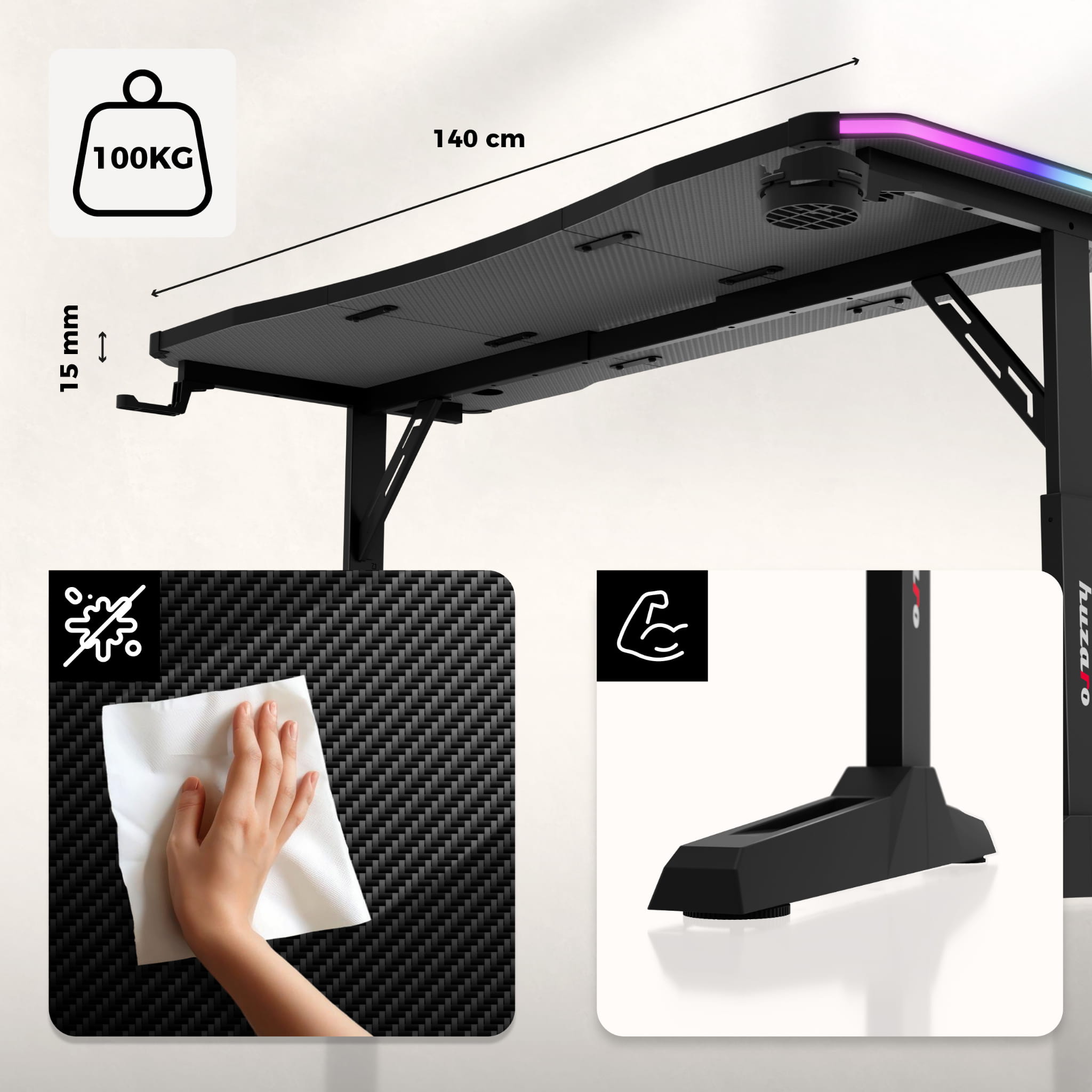 Herní stůl Huzaro Hero 3.6 RGB LED černý 140 cm