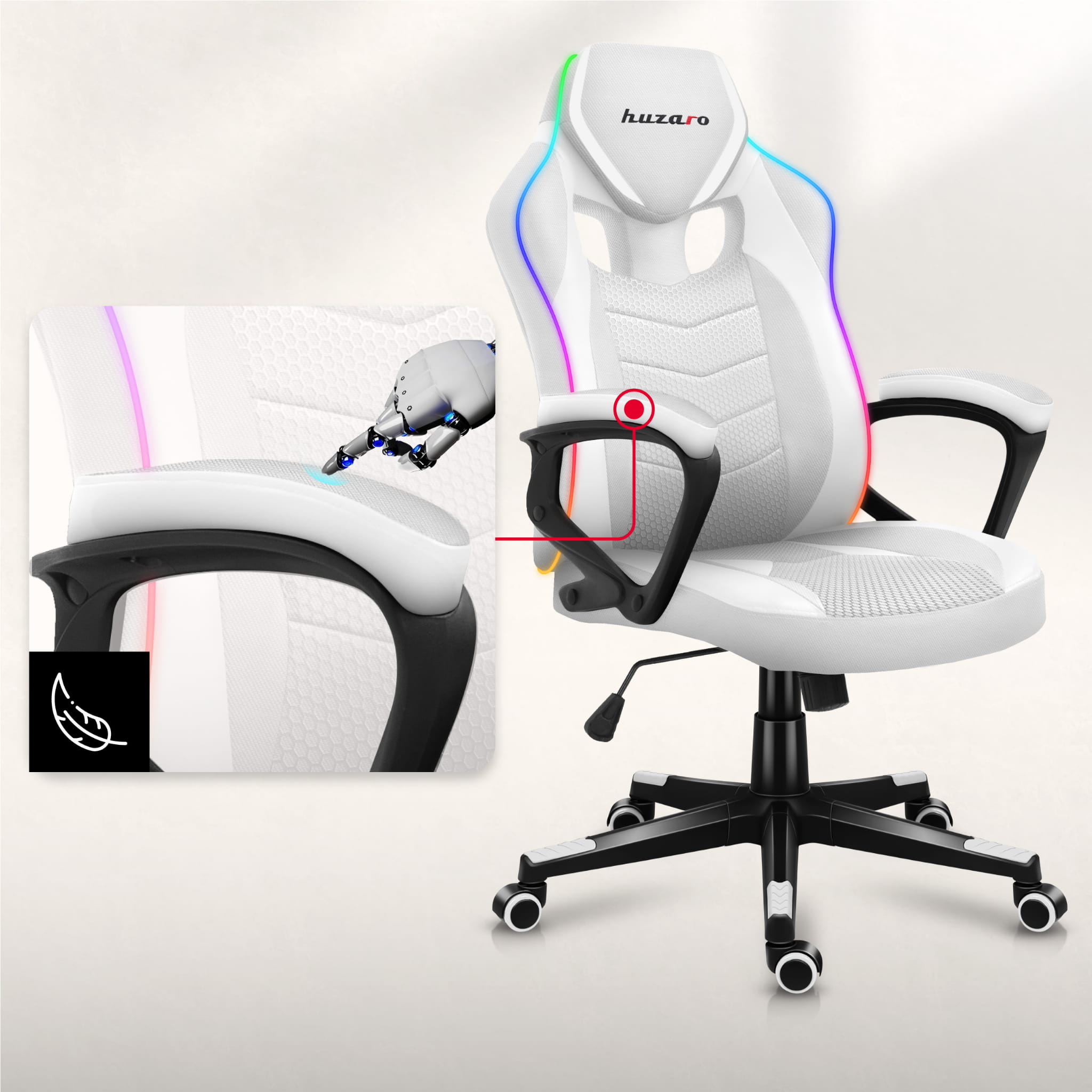 Herní židle Huzaro Force 2.5 RGB s bílým síťovaným podsvícením 