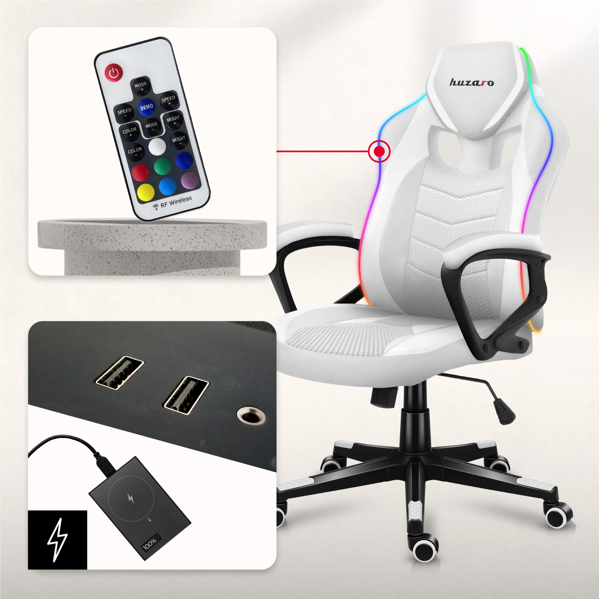 Herní židle Huzaro Force 2.5 RGB s bílým síťovaným podsvícením 