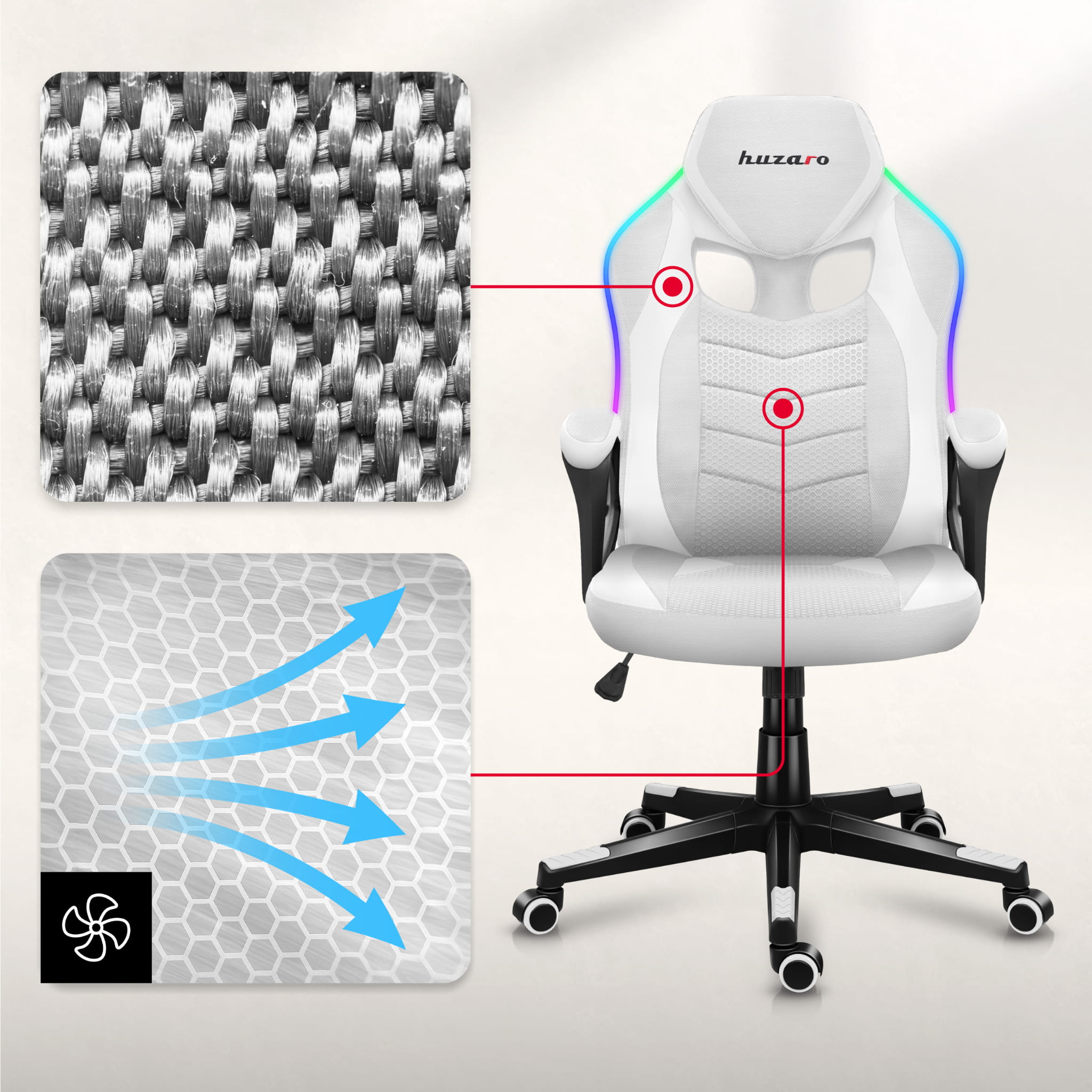 Herní židle Huzaro Force 2.5 RGB s bílým síťovaným podsvícením 