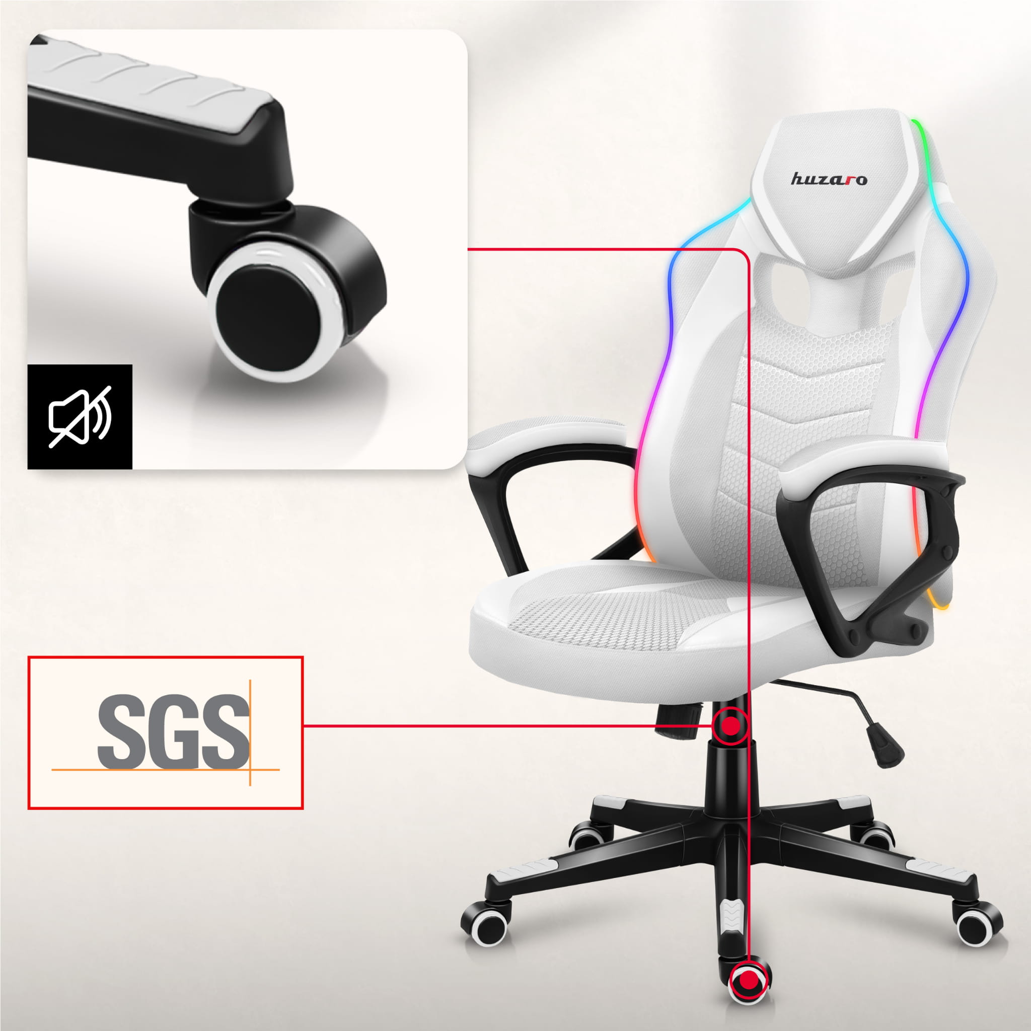 Herní židle Huzaro Force 2.5 RGB s bílým síťovaným podsvícením 