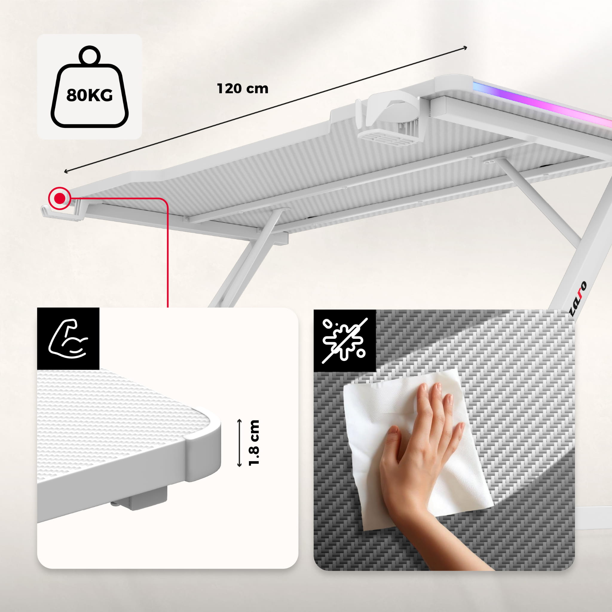 Herní stůl Huzaro Hero 2.5 RGB WHITE 120 cm 