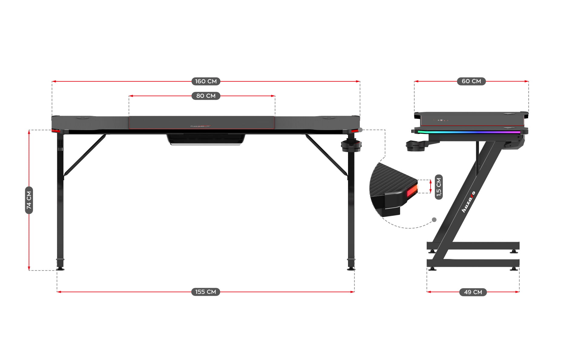 Herní stůl Huzaro Hero 4.8 RGB 160 cm 
