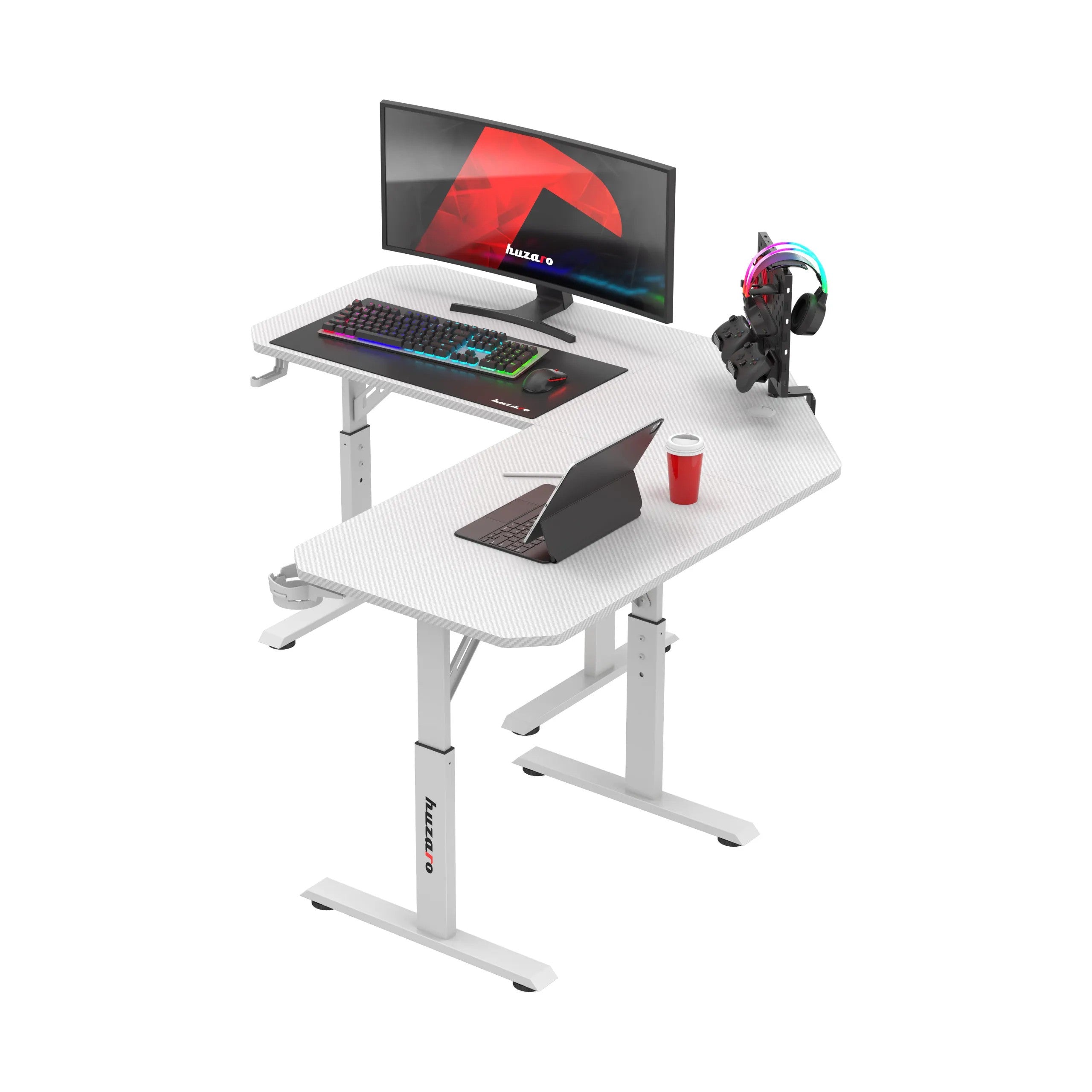 Herní stůl Huzaro Hero 7.3 White s nastavitelnou výškou, rohový 