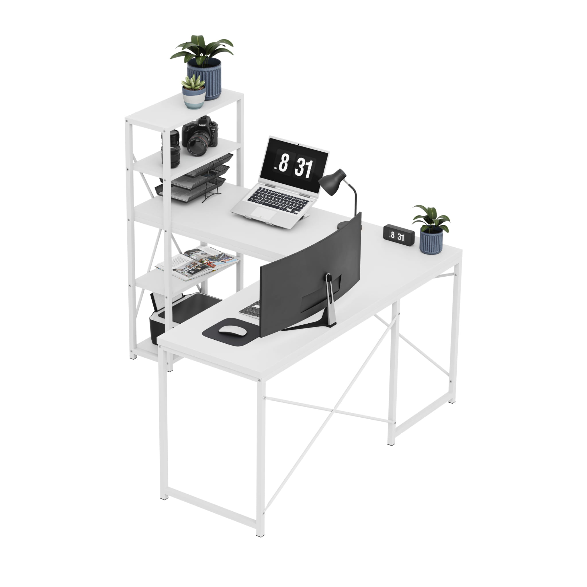 Mark Adler Leader 5.9 bílý rohový psací stůl s policemi 145 cm 