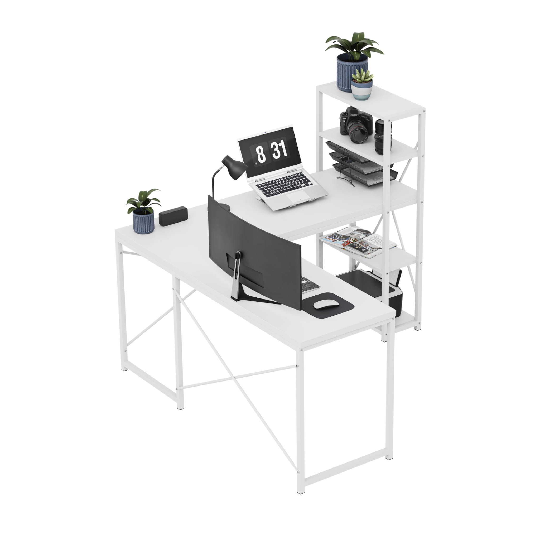 Mark Adler Leader 5.9 bílý rohový psací stůl s policemi 145 cm 