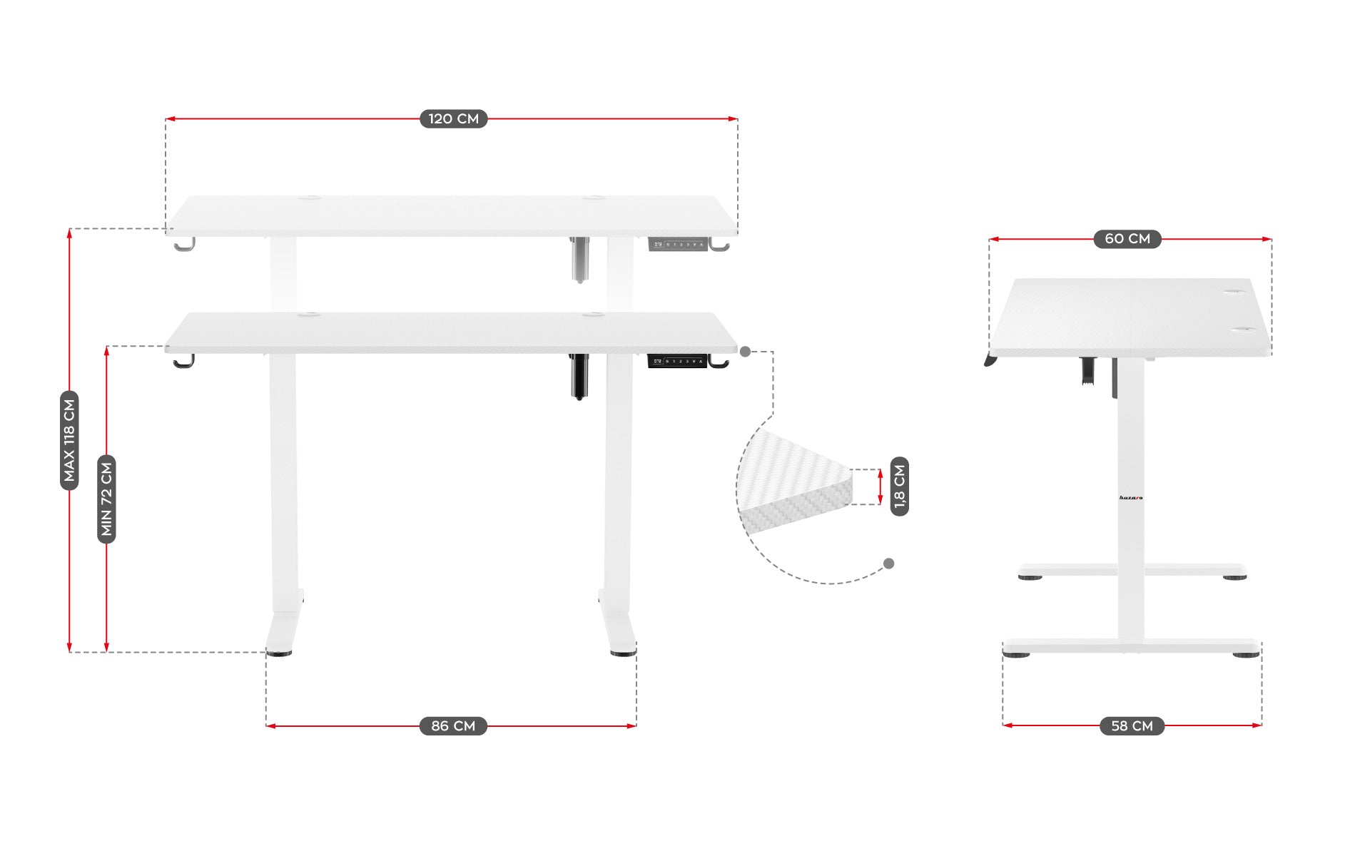 Huzaro Hero 8.2 bílý elektrický stůl 120 cm 