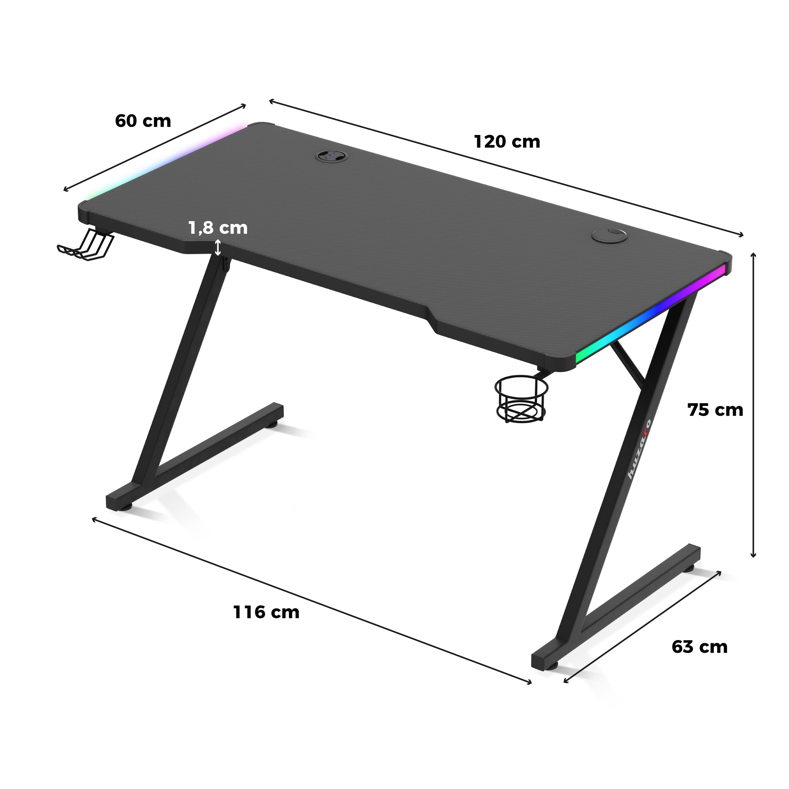 Herní stůl Huzaro Hero 2.5 RGB LED 120 cm 