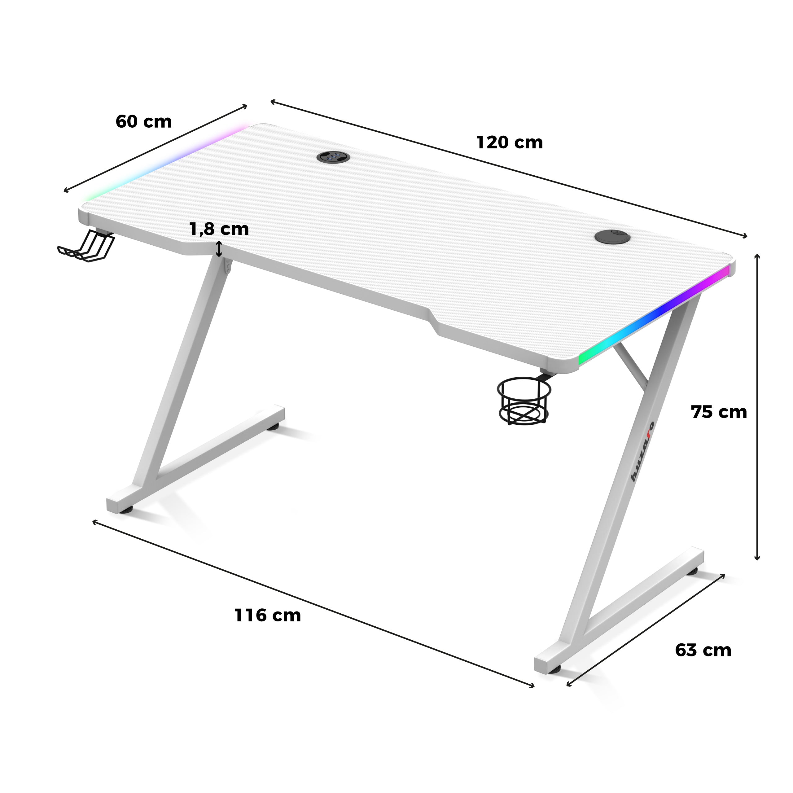 Herní stůl Huzaro Hero 2.5 RGB WHITE 120 cm 