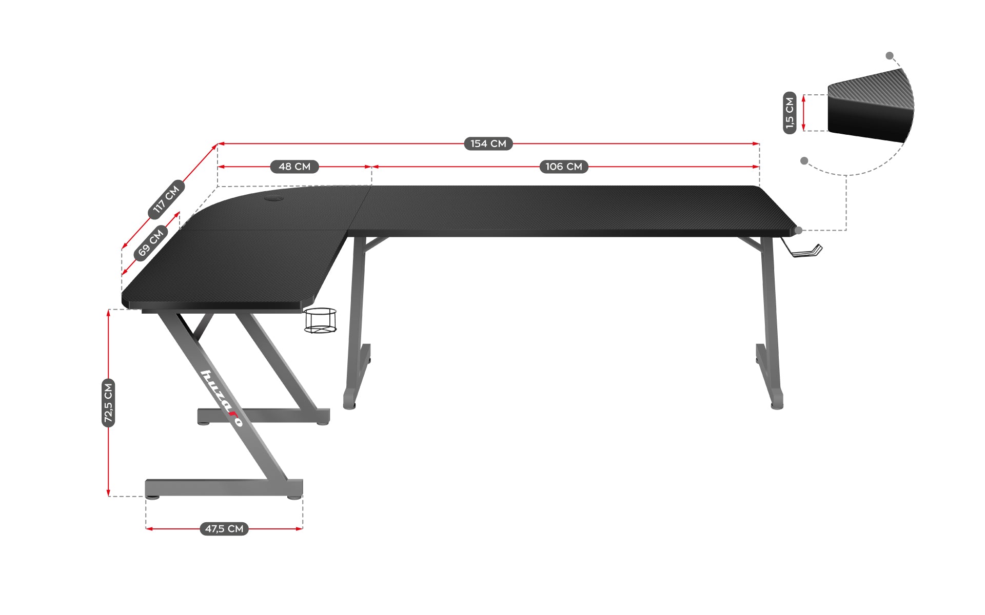 Herní stůl Huzaro Hero 7.0 šedý 154 cm 