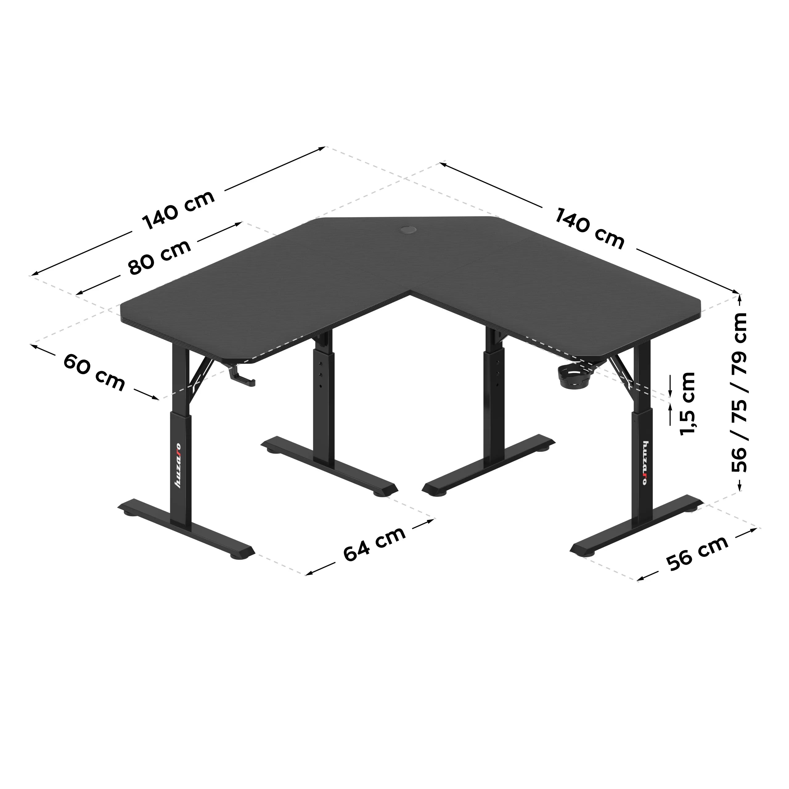 Herní stůl Huzaro Hero 7.3 Black s nastavitelnou výškou, rohový 