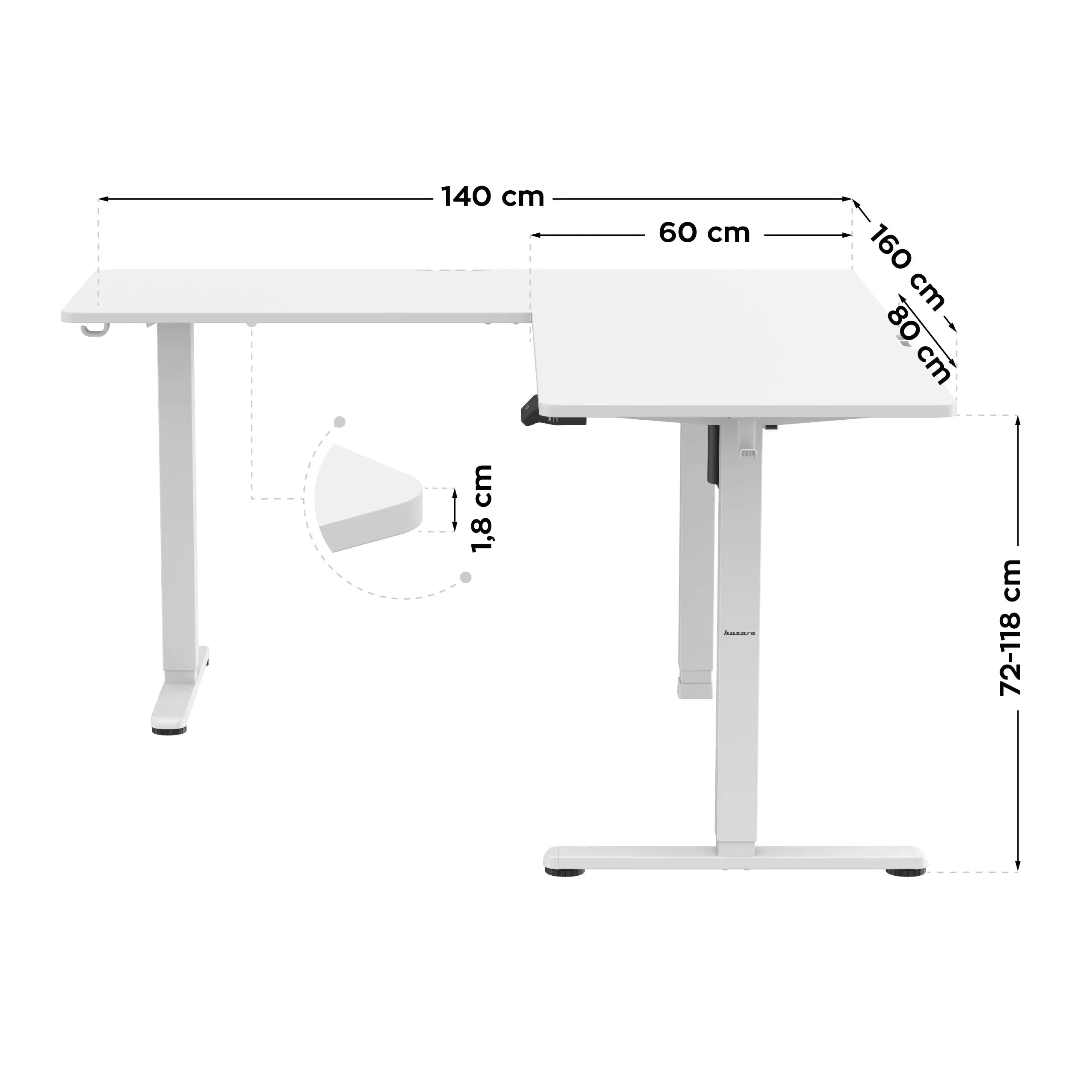 Huzaro Hero 9.5 bílý elektrický rohový stůl 160 cm 
