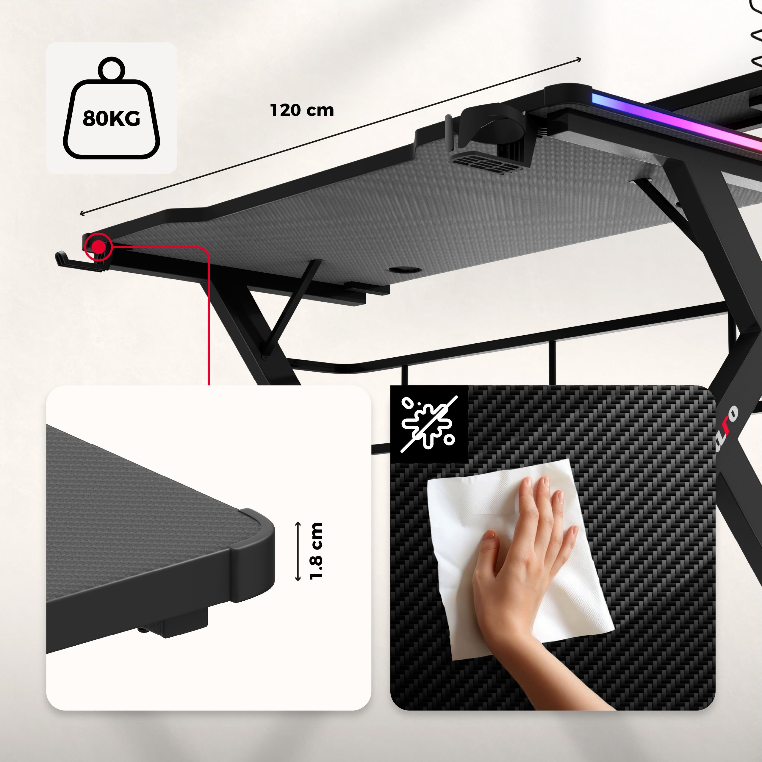 Herní stůl Huzaro Hero 5.0 RGB LED 120 cm 