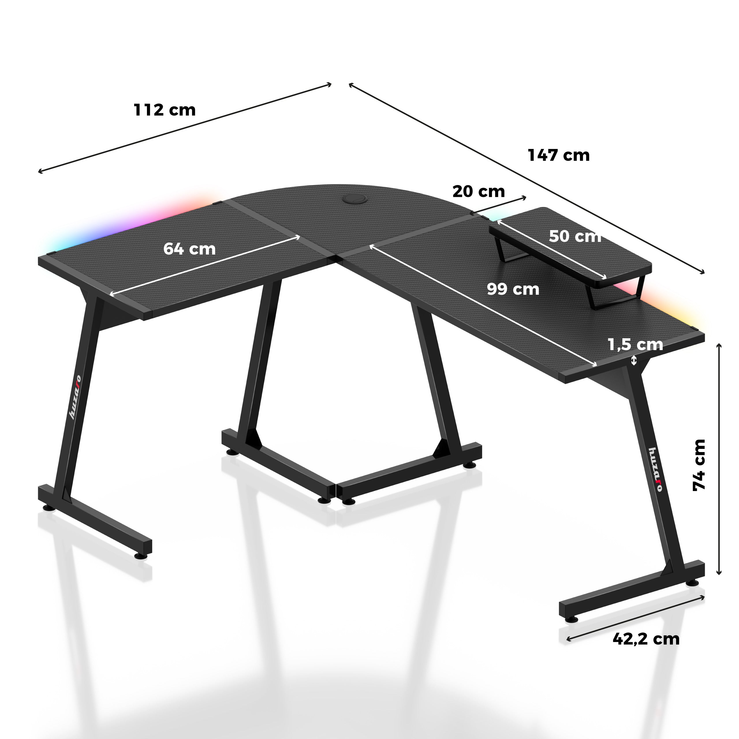 HUZARO HERO 6.0 Černý RGB Chytrý herní stůl 147 cm 