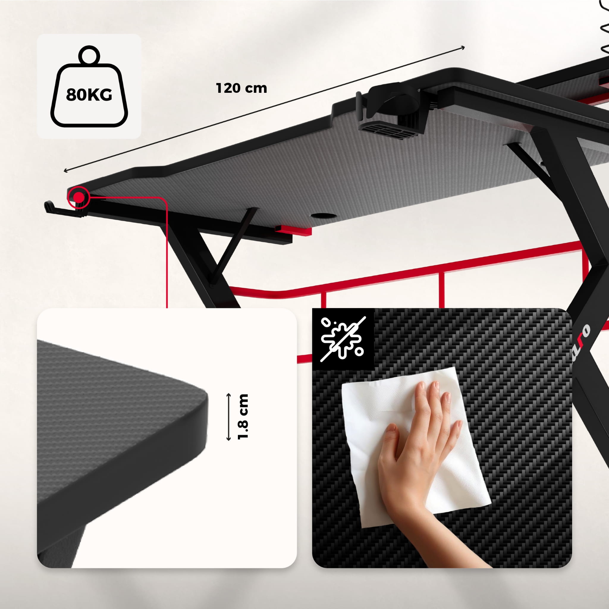 Herní stůl Huzaro Hero 5.0 Red 120 cm 