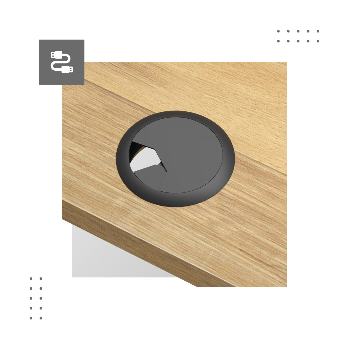 Kabelové vstupy na obou stranách desky stolu