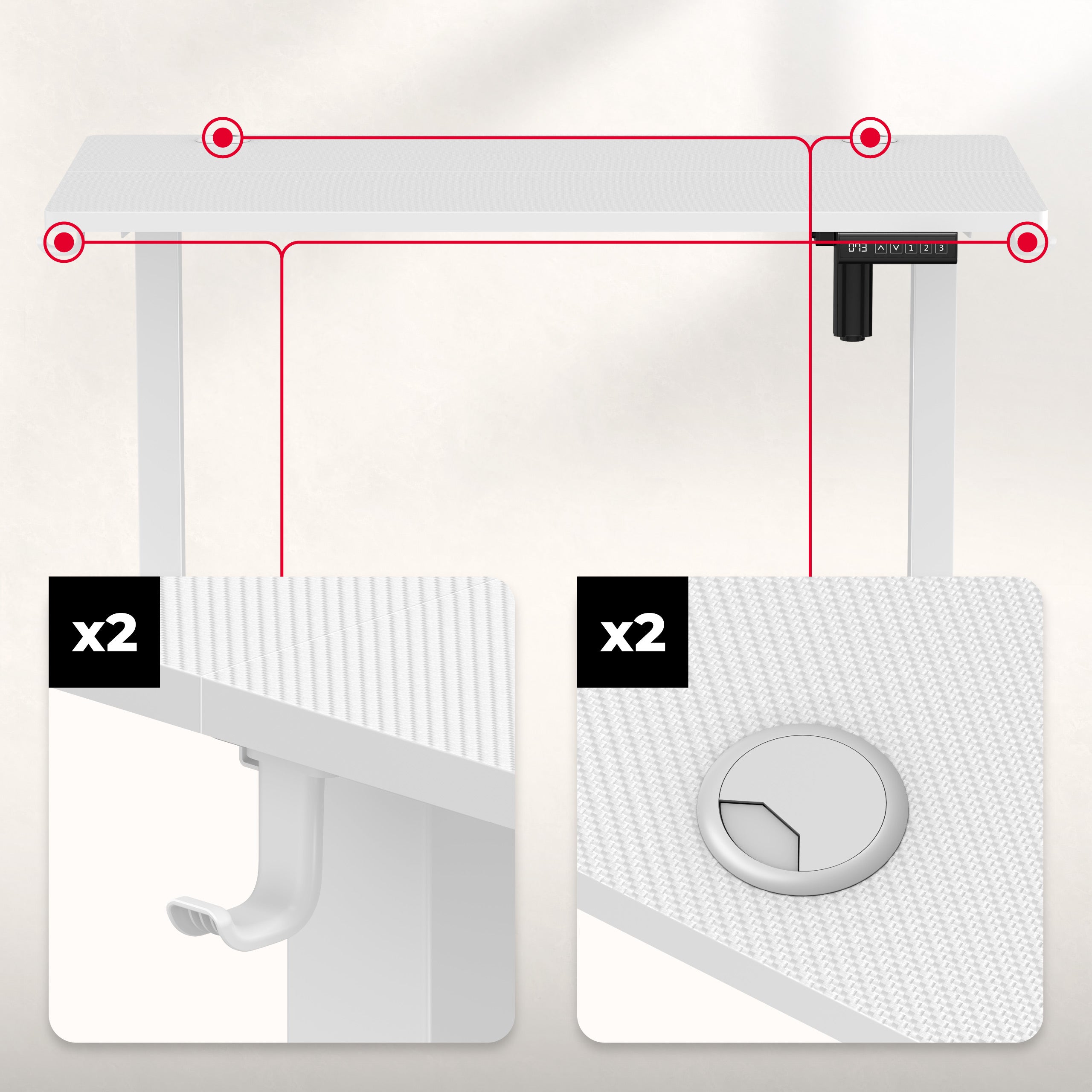 Kabelové vstupy na obou stranách desky stolu