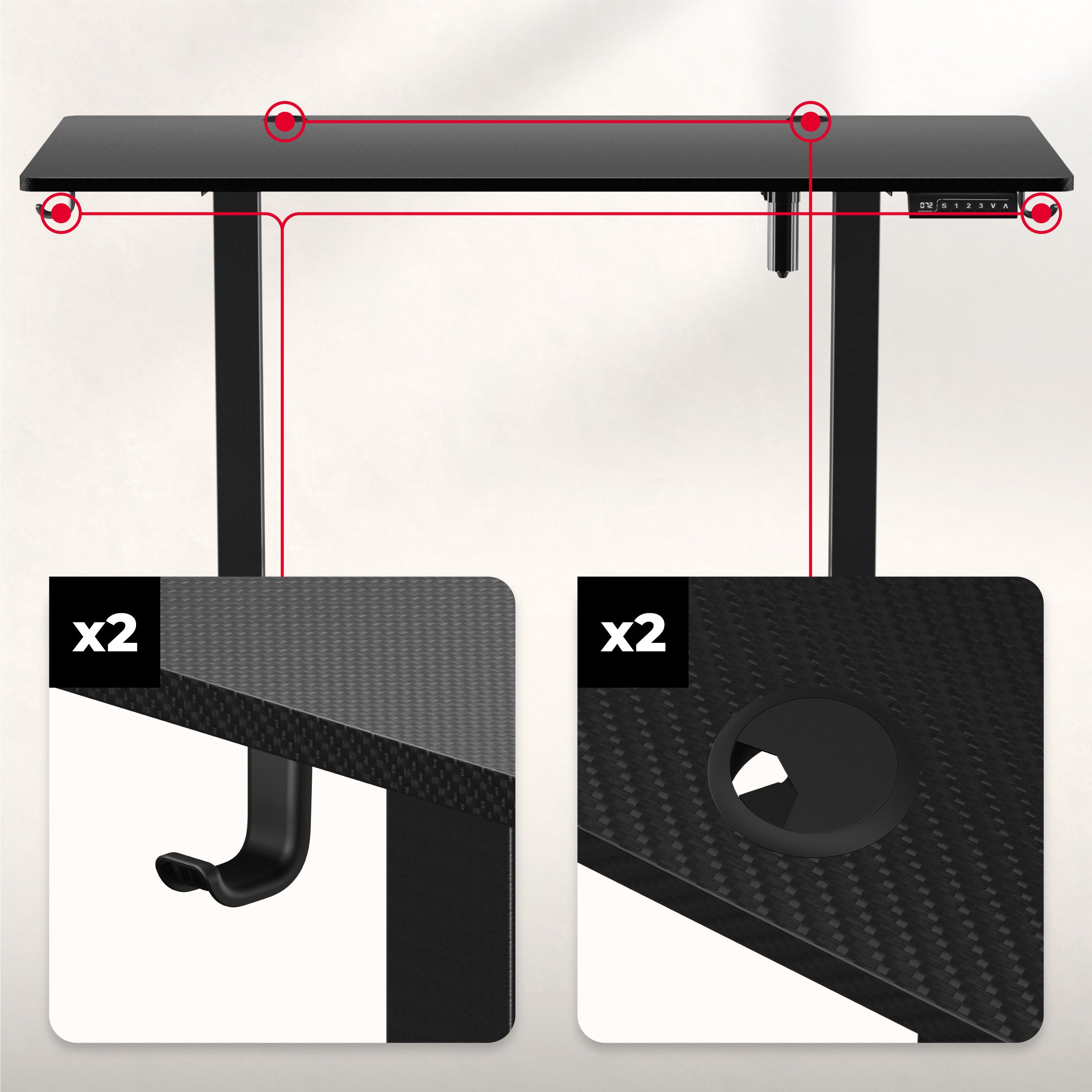 2 x kabelové vstupy a držáky na sluchátka, batoh a tašku