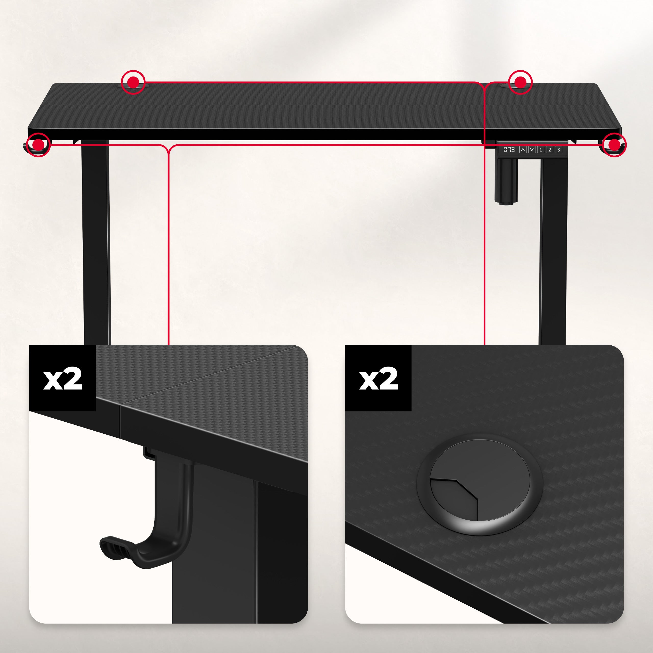 Kabelové vstupy na obou stranách desky stolu