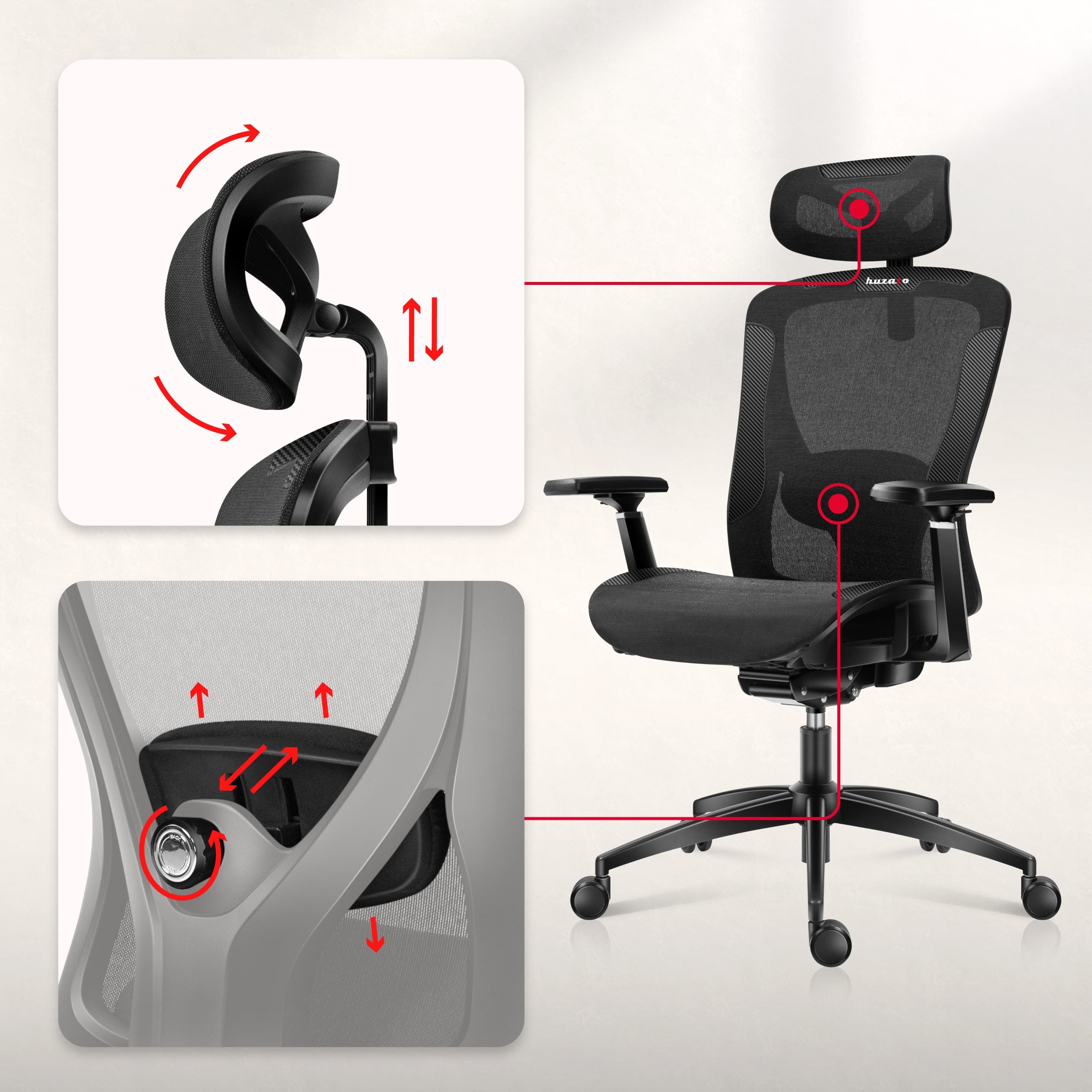 Nastavitelná 2D bederní opěrka a nastavitelná opěrka hlavy